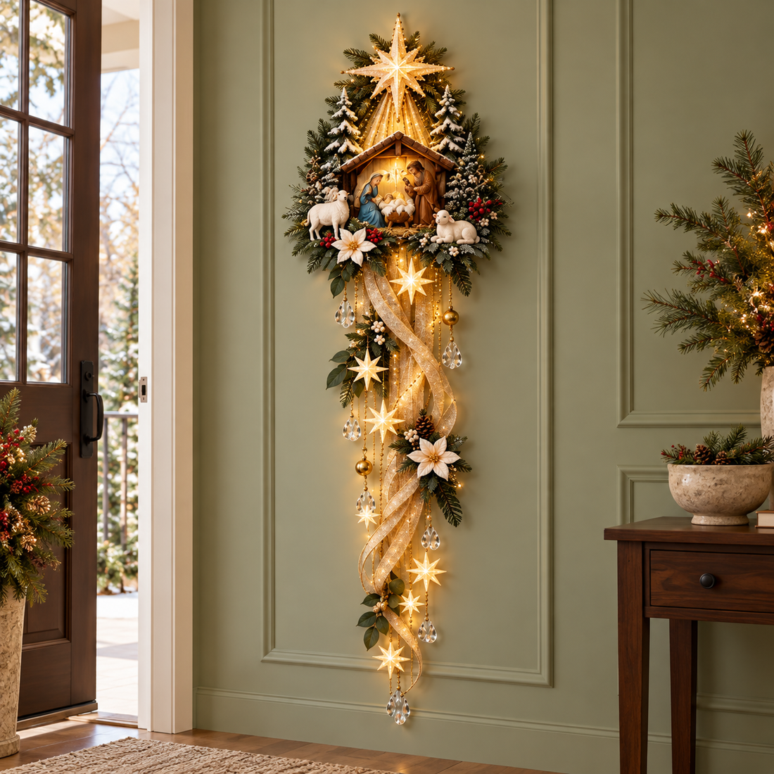 Nativity wall hanging with gold ribbon on a sage green entryway wall