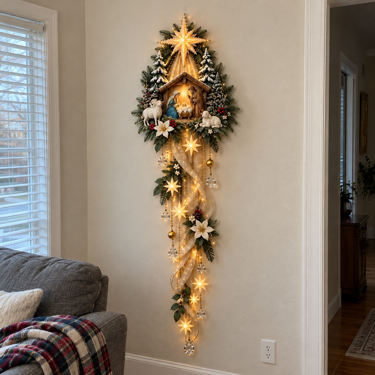 Nativity wall hanging glowing on a cozy living room wall