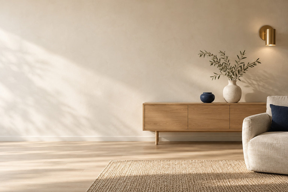 A calm cream interior with warm oak, linen and subtle navy accents