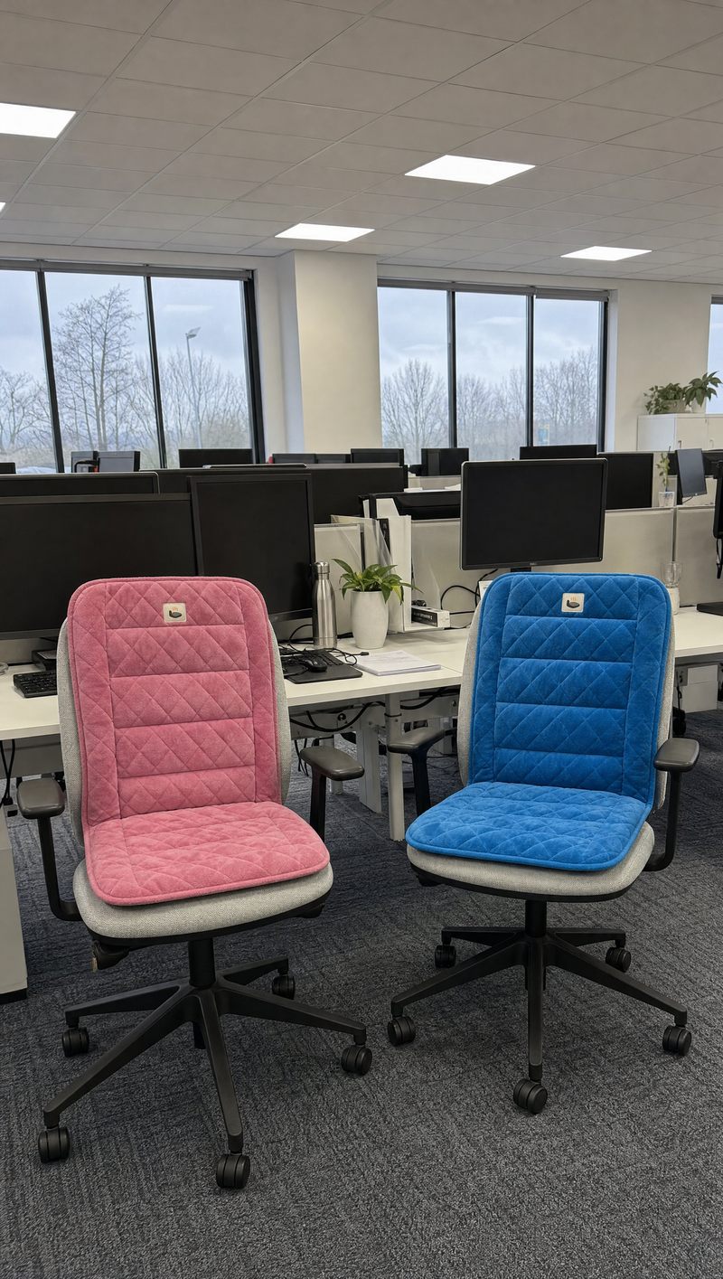 Pink and blue heated chair pads on office chairs