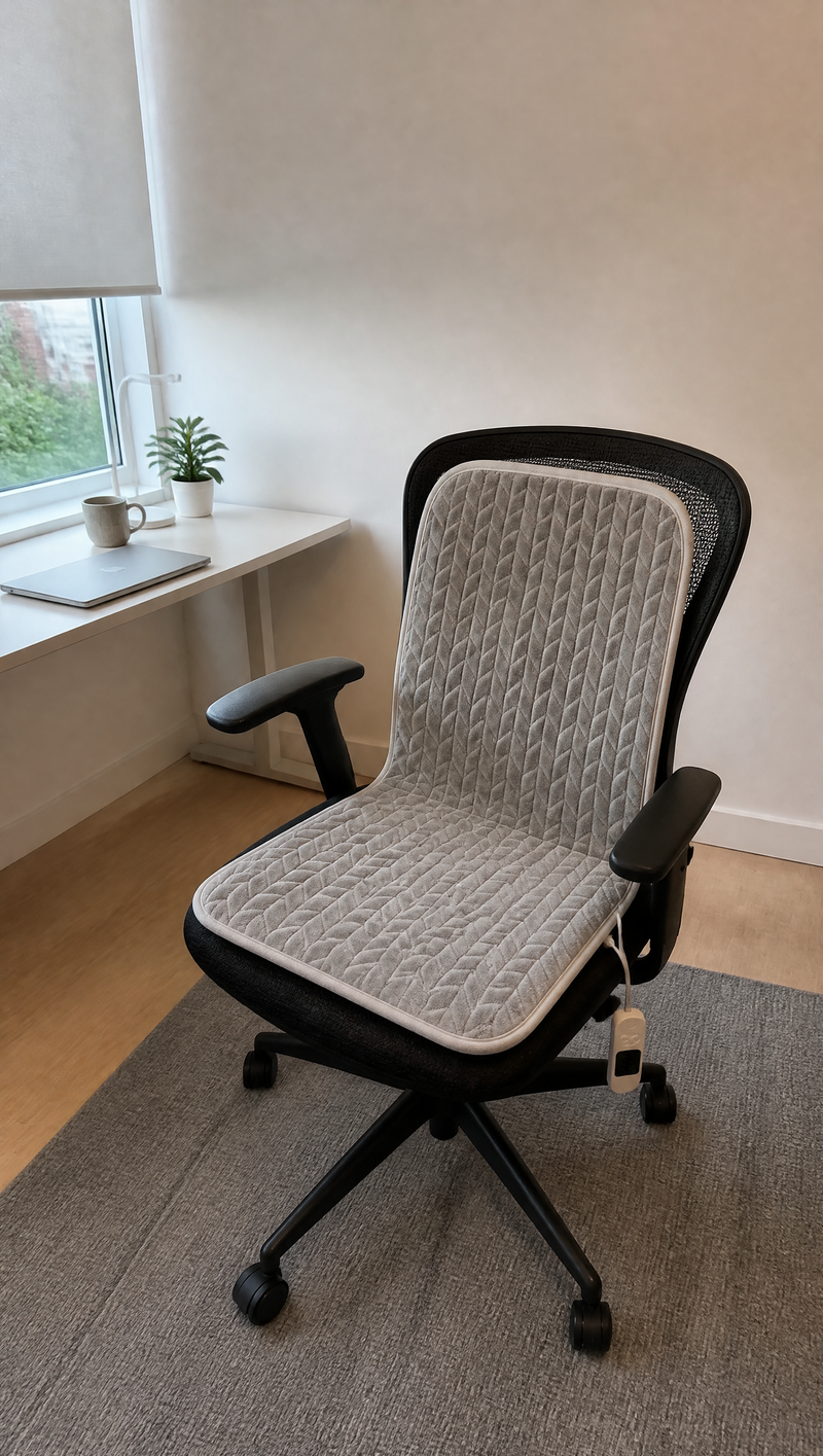 Grey heated chair pad on a desk chair