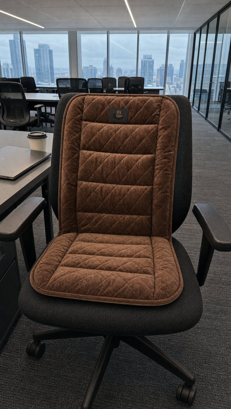 Brown heated chair pad on an office chair